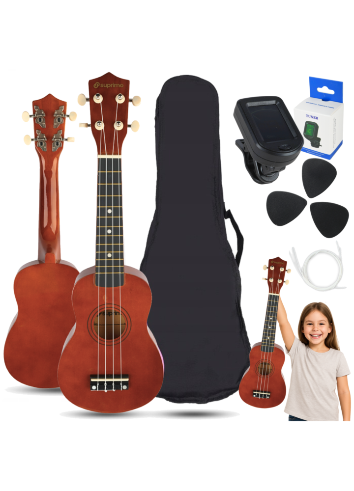 SUPRIMO UK21 SET DW ukulele sopranowe 21" ciemne drewno pokrowiec 3 kostki do gry zapasowe struny tuner zestaw dla dzieci do nauki gry