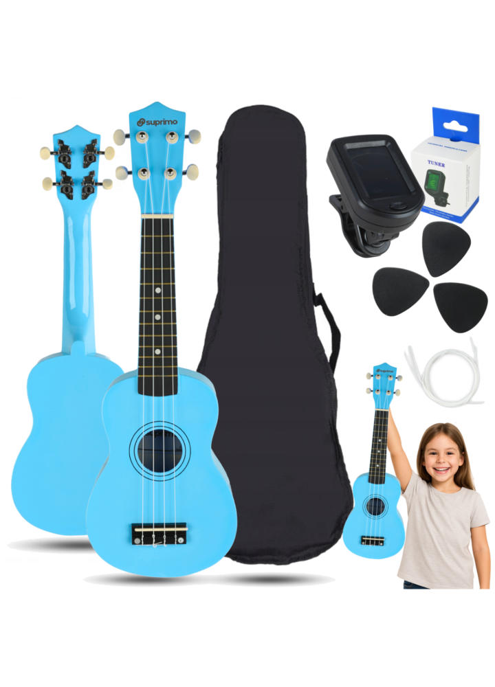 SUPRIMO UK21 SET LB ukulele sopranowe 21" niebieskie drewniane pokrowiec 3 kostki do gry zapasowe struny tuner zestaw dla dzieci do nauki gry