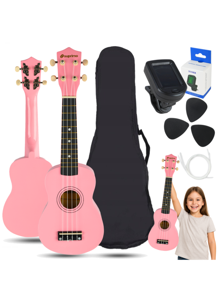 SUPRIMO UK21 SET PK ukulele sopranowe 21" różowe drewniane pokrowiec 3 kostki do gry zapasowe struny tuner zestaw dla dzieci do nauki gry