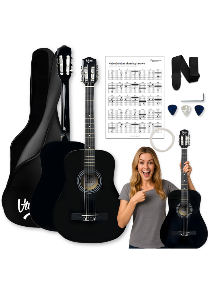 V-TONE CG ONE BK gitara klasyczna 4/4 czarna do nauki dla początkujących kostki pasek zapasowe struny pokrowiec akordy zestaw