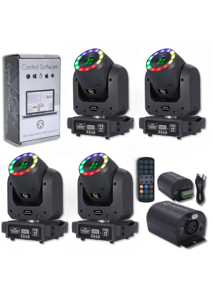 ZESTAW 4X GŁOWICA RUCHOMA LIGHT4ME 100 SPOT RING + CHROMATEQ CLUB 512 profesjonalny zestaw oświetleniowy + GOTOWY SYSTEM Z 15 SCENAMI 