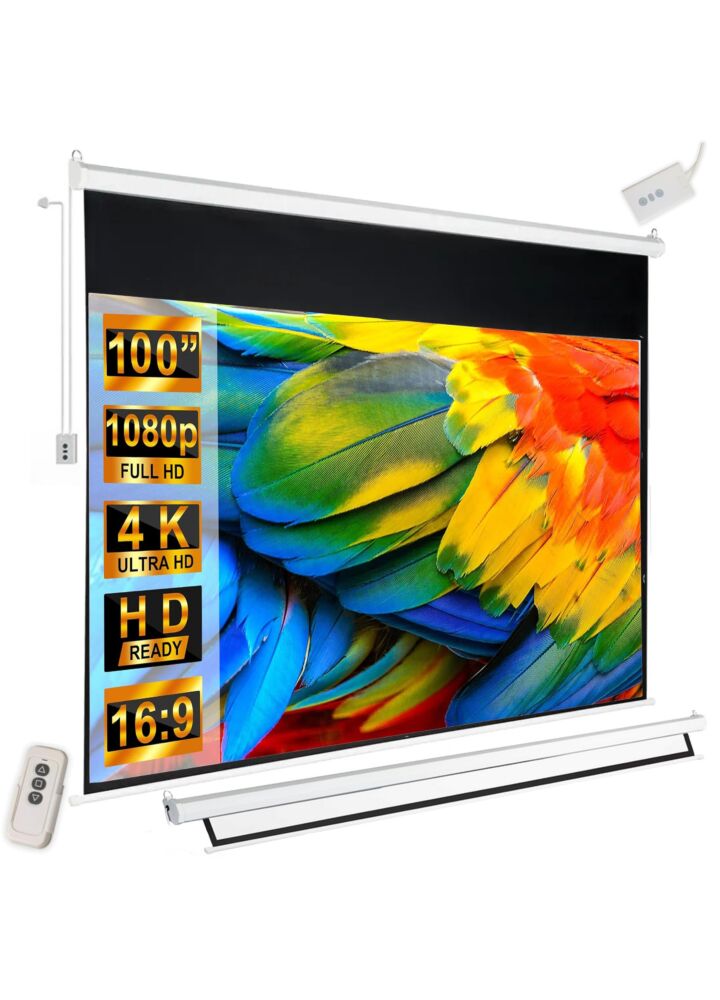 DH Line TVSA 100 ekran projekcyjny 100 cali 16:9 ścienny sufitowy 221x155 cm 170° przenośny zwijany pilot