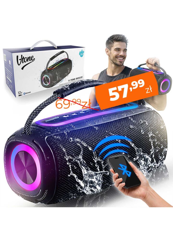 V-TONE BWS210 BK głośnik Bluetooth bezprzewodowy przenośny czarny akumulatorowy USB microSD AUX MP3 FM 2x10W