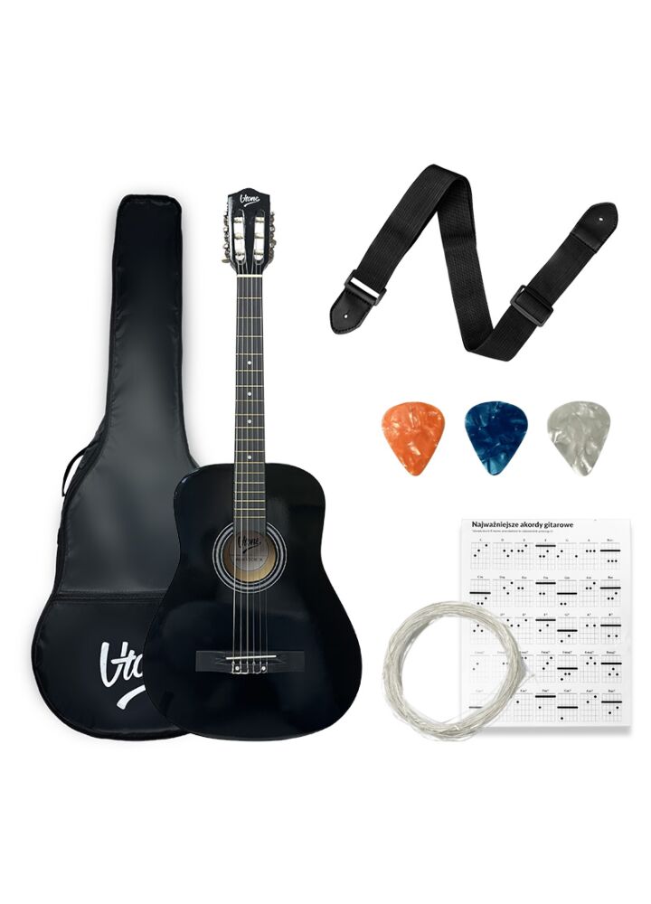 V-TONE CG ONE BK gitara klasyczna 4/4 czarna do nauki dla początkujących kostki pasek zapasowe struny pokrowiec akordy zestaw POWYSTAWOWA