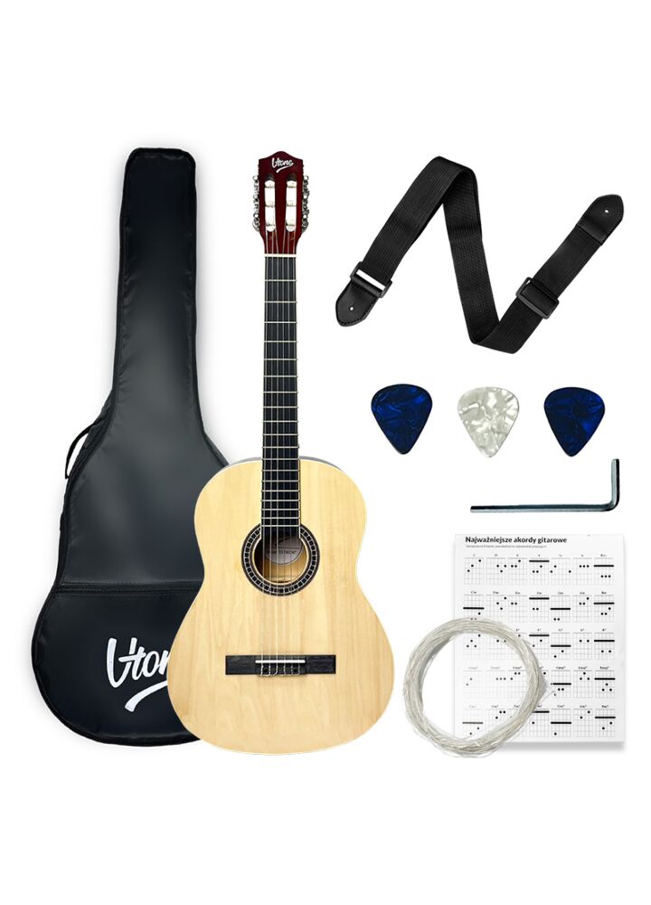 V-TONE CG TWO NT gitara klasyczna 4/4 naturalne drewno do nauki dla początkujących kostki pasek zapasowe struny pokrowiec akordy klucz regulacyjny zestaw