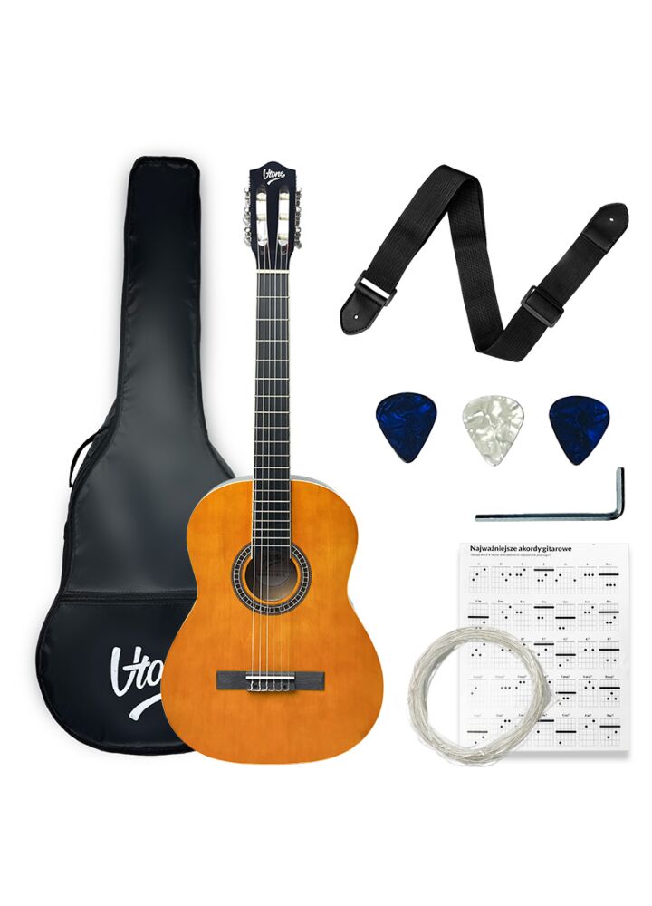 V-TONE CG TWO YL gitara klasyczna 4/4 naturalne drewno do nauki dla początkujących kostki pasek zapasowe struny pokrowiec akordy klucz regulacyjny zestaw POWYSTAWOWY