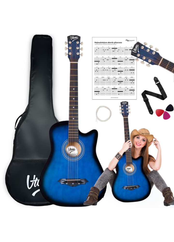 V-TONE AG ONE BB gitara akustyczna 4/4 blueburst do nauki dla początkujących kostki pasek zapasowe struny pokrowiec akordy zestaw