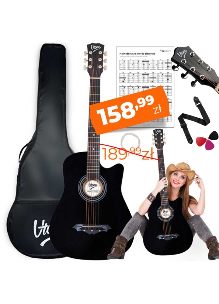 V-TONE AG ONE BK gitara akustyczna 4/4 czarna do nauki dla początkujących kostki pasek zapasowe struny pokrowiec akordy zestaw