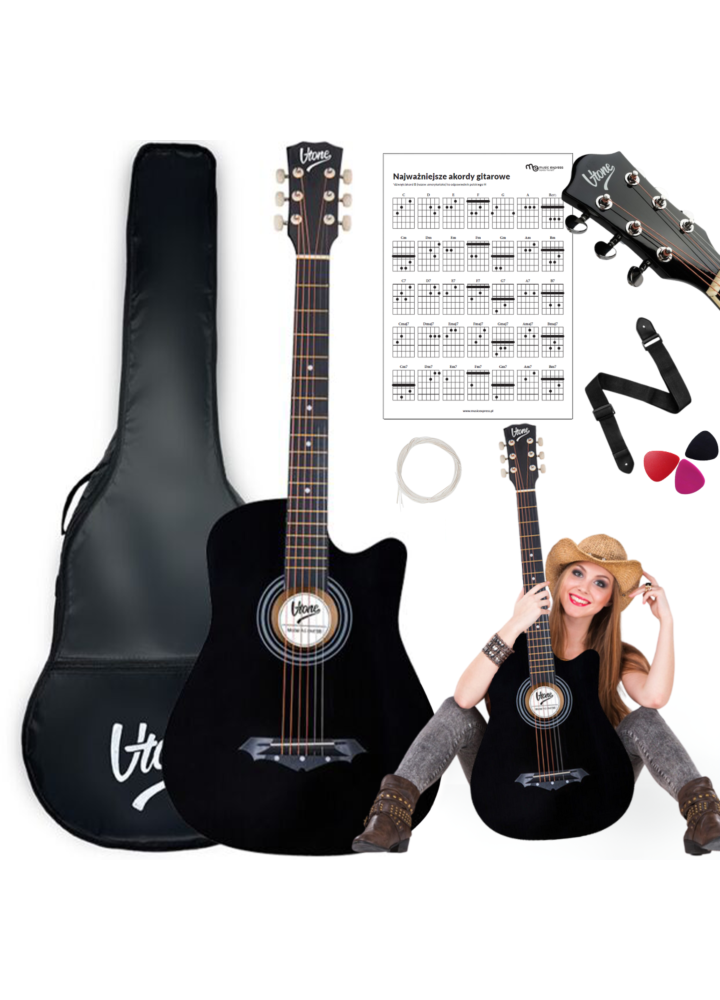 V-TONE AG ONE BK gitara akustyczna 4/4 czarna do nauki dla początkujących kostki pasek zapasowe struny pokrowiec akordy zestaw