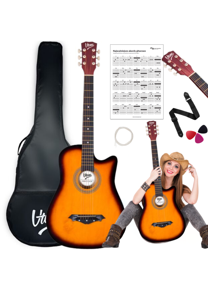 V-TONE AG ONE SB gitara akustyczna 4/4 sunburst do nauki dla początkujących kostki pasek zapasowe struny pokrowiec akordy zestaw