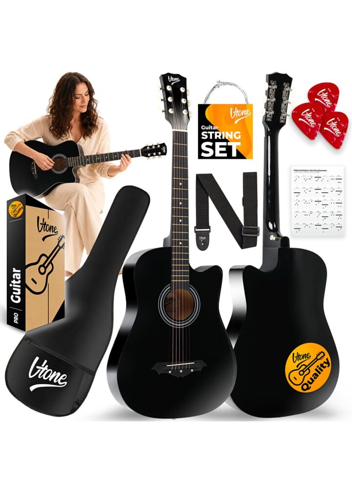 V-TONE AG ONE BK gitara akustyczna 4/4 czarna do nauki dla początkujących kostki pasek zapasowe struny pokrowiec akordy zestaw