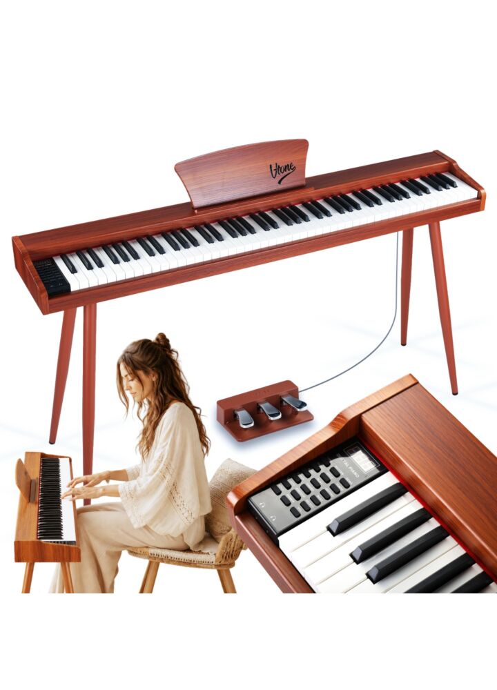 V-TONE BL-130 pianino cyfrowe czteronożne brązowe wolnostojące 88 klawiszy Bluetooth MIDI pulpit do nut 3 pedały pianinowe zasilanie sieciowe wbudowane głośniki 3x wyjście słuchawkowe wejście audio zestaw