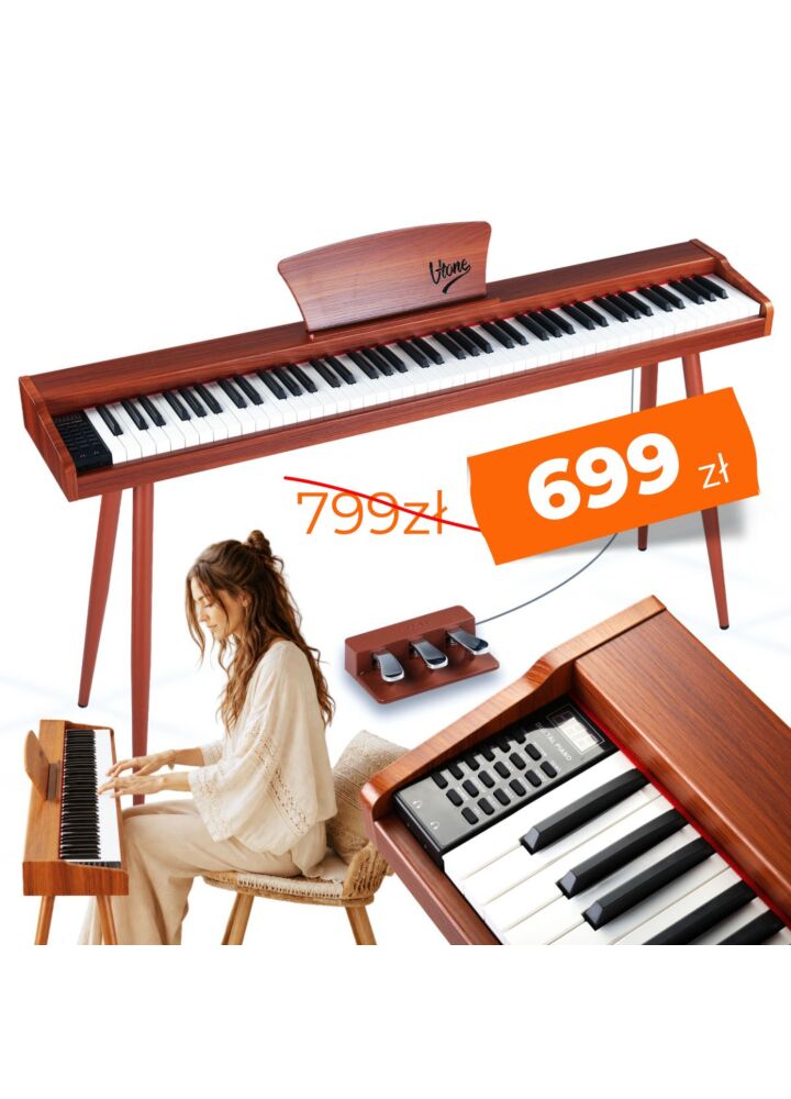 V-TONE BL-130 pianino cyfrowe czteronożne brązowe wolnostojące 88 klawiszy Bluetooth MIDI pulpit do nut 3 pedały pianinowe zasilanie sieciowe głośniki 3x wyjście słuchawkowe wejście audio zestaw