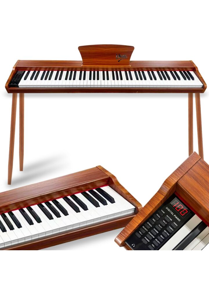 V-TONE BL-130 pianino cyfrowe czteronożne brązowe wolnostojące 88 klawiszy Bluetooth MIDI pulpit do nut pedał sustain zasilanie sieciowe wbudowane głośniki 3x wyjście słuchawkowe wejście audio zestaw