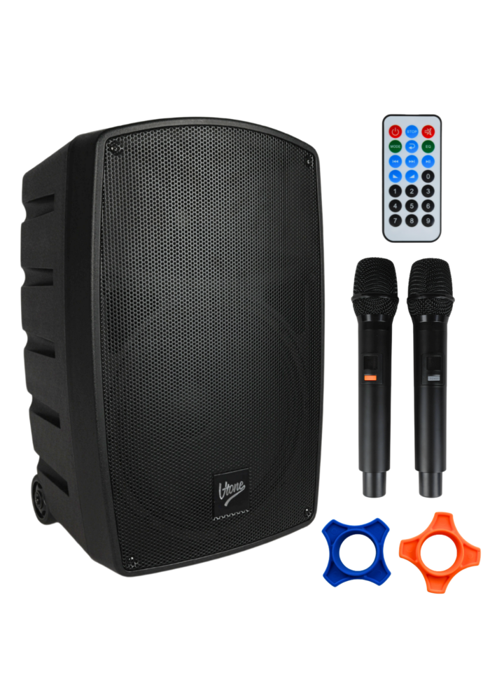 V-TONE BQ12 GO MP3 kolumna aktywna akumulatorowa czarna Bluetooth TWS USB SD DSP AUX pilot na podczerwień 2x mikrofon bezprzewodowy wysuwana rączka kółka transportowe zestaw