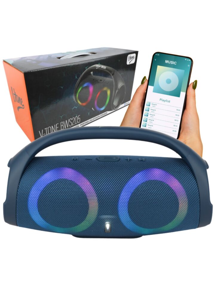 V-TONE BWS205 BL głośnik Bluetooth bezprzewodowy przenośny niebieski akumulatorowy USB microSD AUX MP3 FM 2x5W POWYSTAWOWY