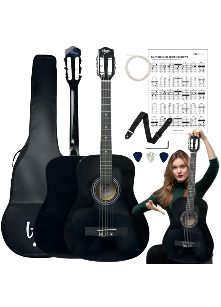 V-TONE CG ONE BK gitara klasyczna 4/4 czarna do nauki dla początkujących kostki pasek zapasowe struny pokrowiec akordy zestaw