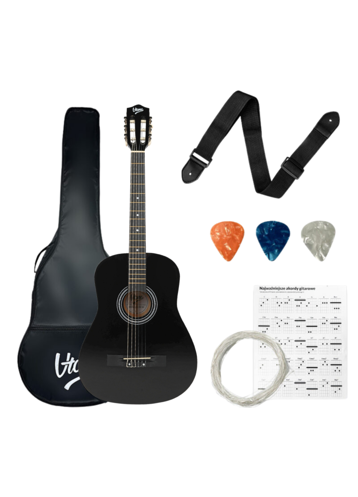 V-TONE CG ONE BK gitara klasyczna 4/4 czarna do nauki dla początkujących kostki pasek zapasowe struny pokrowiec akordy zestaw