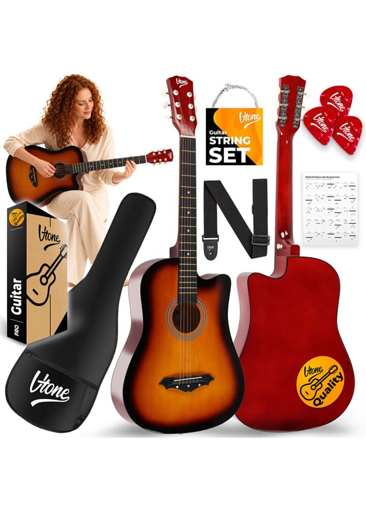 V-TONE AG ONE SB gitara akustyczna 4/4 sunburst do nauki dla początkujących kostki pasek zapasowe struny pokrowiec akordy zestaw