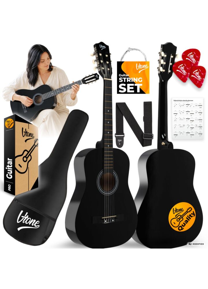 V-TONE CG ONE BK gitara klasyczna 4/4 czarna do nauki dla początkujących kostki pasek zapasowe struny pokrowiec akordy zestaw