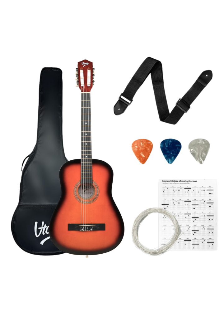 V-TONE CG ONE SB gitara klasyczna 4/4 sunburst do nauki dla początkujących kostki pasek zapasowe struny pokrowiec akordy zestaw