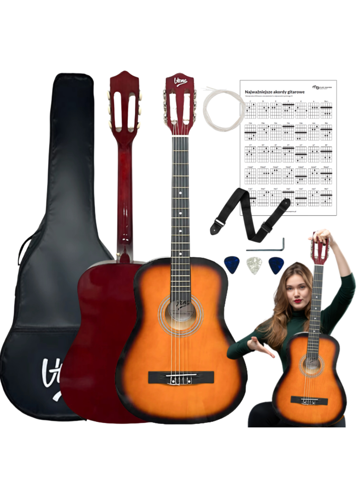 V-TONE CG ONE SB gitara klasyczna 4/4 sunburst do nauki dla początkujących kostki pasek zapasowe struny pokrowiec akordy zestaw