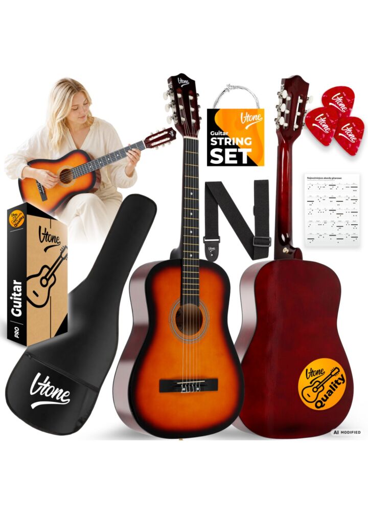 V-TONE CG ONE SB gitara klasyczna 4/4 sunburst do nauki dla początkujących kostki pasek zapasowe struny pokrowiec akordy zestaw