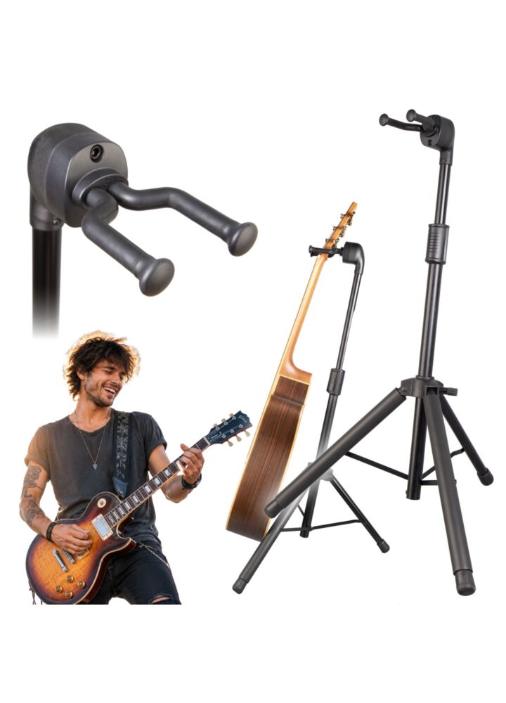 V-TONE DELUXE G1 statyw gitarowy stojak na gitarę regulowany składany stalowy czarny uchwyt widełkowy z grawitacyjną blokadą ramion 77-120 cm do 10 kg