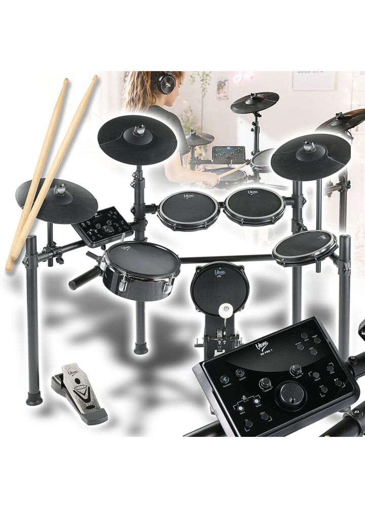 V-TONE ED PRO 1 perkusja elektroniczna zestaw perkusyjny 8-elementowy czarny AUX IN Bluetooth MIDI USB-B USB-C wyjście słuchawkowe wyjście audio stereo pałeczki perkusyjne