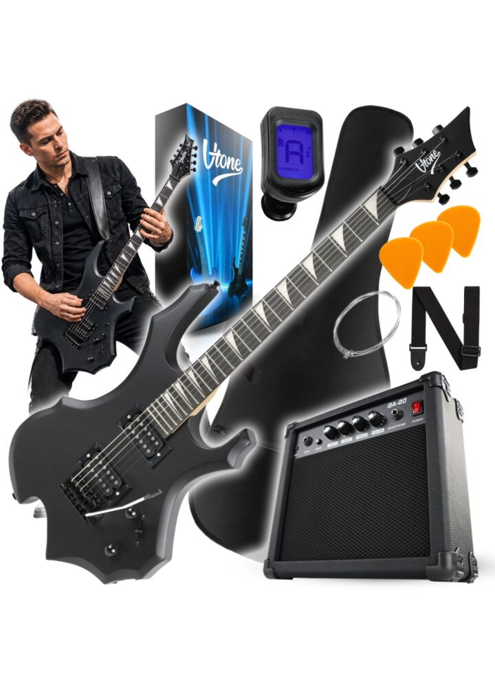 V-TONE EGS 39 MBK gitara elektryczna 4/4 czarny mat 39" HH wzmacniacz pokrowiec pasek przewód jack-jack tuner kostki do gry struny ramię tremolo klucze imbusowe zestaw