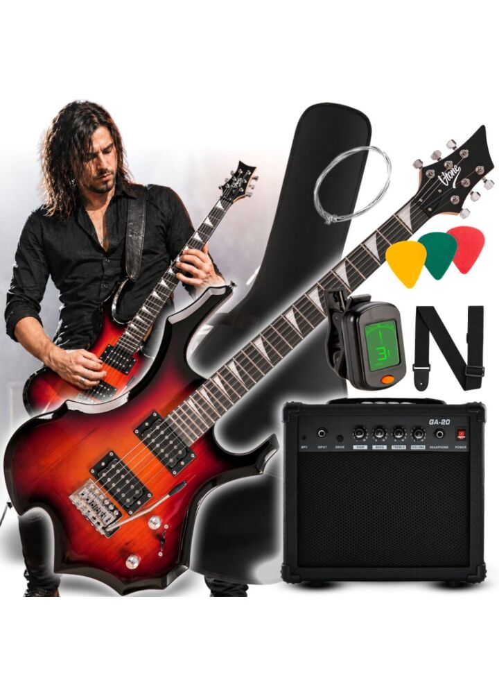 V-TONE EGS 39 SB gitara elektryczna 4/4 sunburst 39" HH wzmacniacz pokrowiec pasek przewód jack-jack tuner kostki do gry struny ramię tremolo klucze imbusowe zestaw