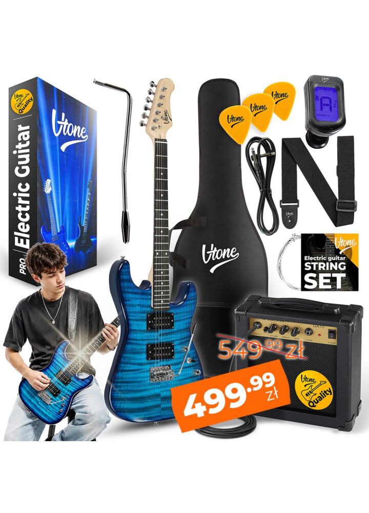 V-TONE EGW 39 BL gitara elektryczna 4/4 stratocaster 39" HH wzmacniacz pokrowiec pasek przewód jack-jack tuner kostki do gry struny ramię tremolo klucze imbusowe zestaw