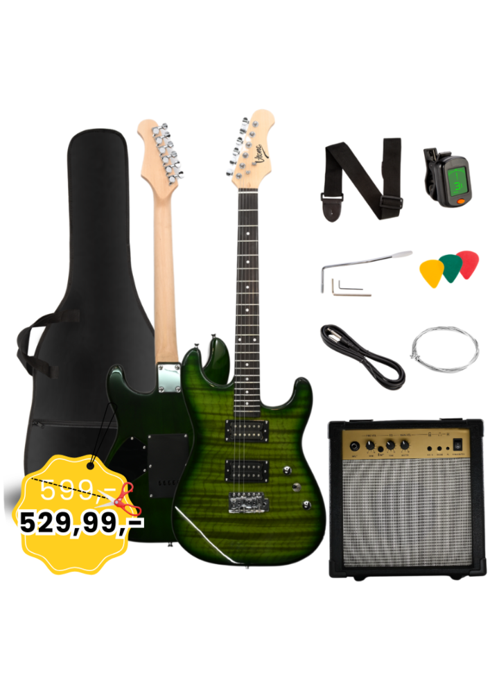 V-TONE EGW 39 GR gitara elektryczna 4/4 stratocaster 39" HH wzmacniacz pokrowiec pasek przewód jack-jack tuner kostki do gry struny ramię tremolo klucze imbusowe zestaw
