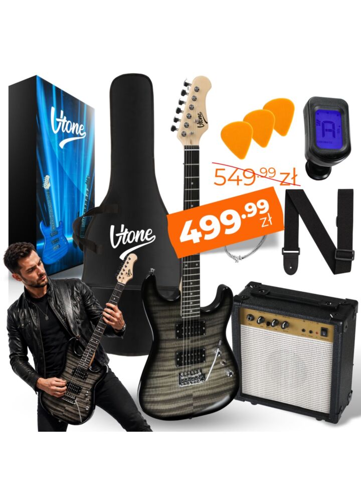 V-TONE EGW 39 GY gitara elektryczna 4/4 stratocaster 39" HH wzmacniacz pokrowiec pasek przewód jack-jack tuner kostki do gry struny ramię tremolo klucze imbusowe zestaw
