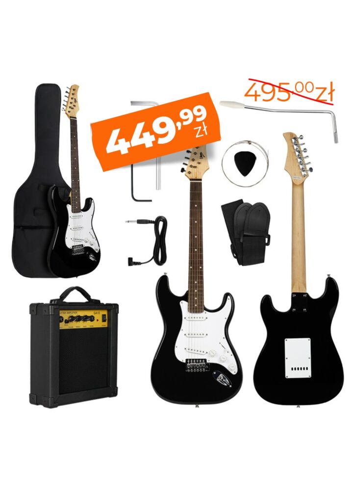 V-TONE ESST39 BK gitara elektryczna 4/4 stratocaster 39" SSS czarna + wzmacniacz gitarowy zestaw