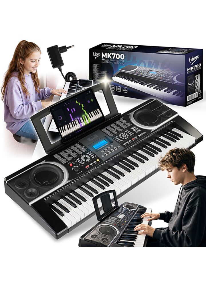 V-TONE MK700 przenośny edukacyjny keyboard elektroniczny MIDI 61 klawiszy instrument dla dzieci do nauki gry pulpit do nut odtwarzacz MP3 USB wbudowane głośniki wyjście słuchawkowe zestaw