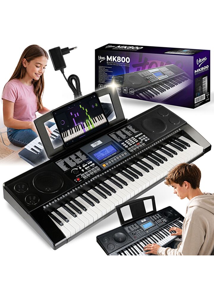 V-TONE MK800 przenośny edukacyjny keyboard elektroniczny MIDI 61 klawiszy instrument dla dzieci do nauki gry pulpit do nut 8 banków pamięci wbudowane głośniki wyjście słuchawkowe zestaw