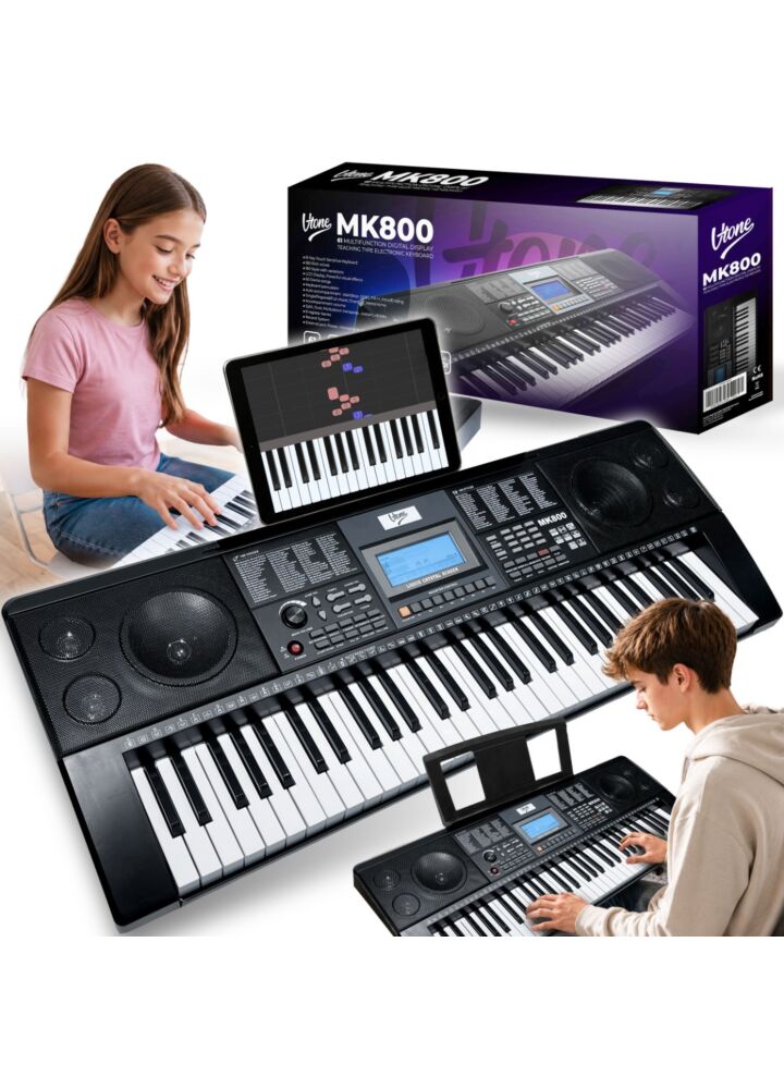 V-TONE MK800 przenośny edukacyjny keyboard elektroniczny MIDI 61 klawiszy instrument dla dzieci do nauki gry pulpit do nut 8 banków pamięci wbudowane głośniki wyjście słuchawkowe zestaw