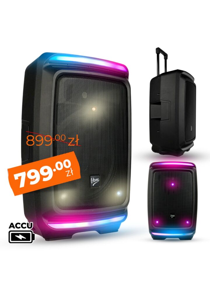 V-TONE OrionX 14 ACCU kolumna aktywna akumulatorowa czarna Bluetooth TWS USB AUX FM DSP wysuwana rączka kółka transportowe 135W RMS