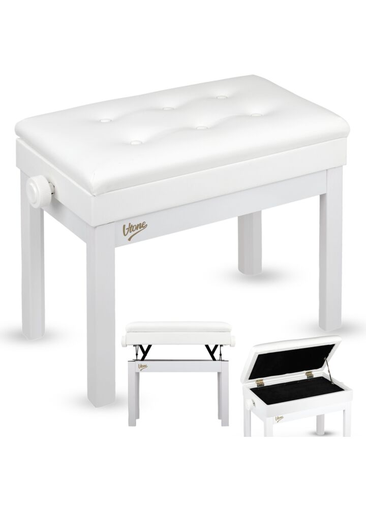 V-TONE PB4 WH ława do pianina keyboardu biała tapicerowana siedzisko dla muzyka schowek regulowana 49-57 cm do 140 kg