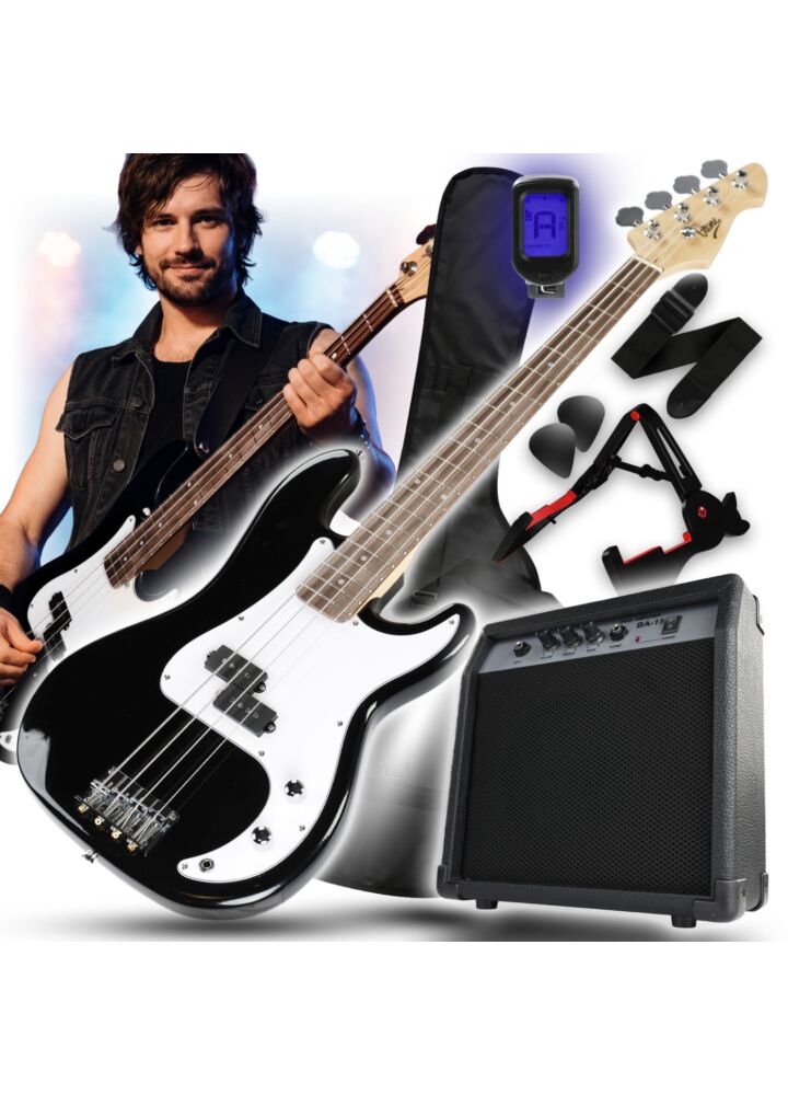 V-TONE PBB46 BK SET zestaw gitarowy gitara basowa PB 46" combo basowe 15W statyw tuner pasek kostki do gry przewód gitarowy pokrowiec klucze do regulacji