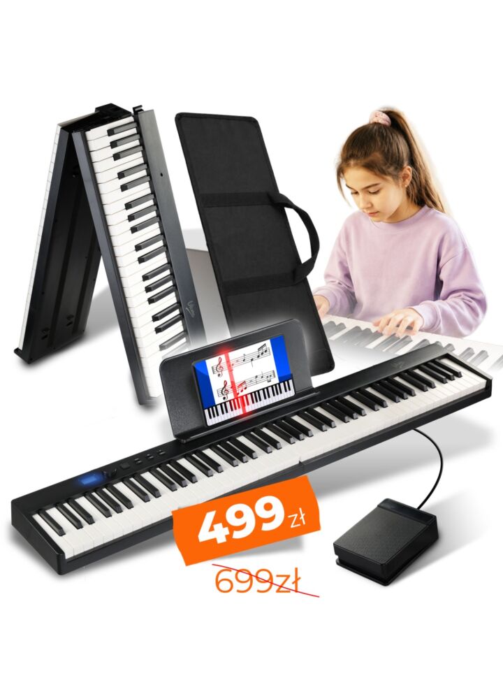 V-TONE PFP pianino cyfrowe przenośne składane czarne 88 klawiszy pulpit do nut pokrowiec USB-C