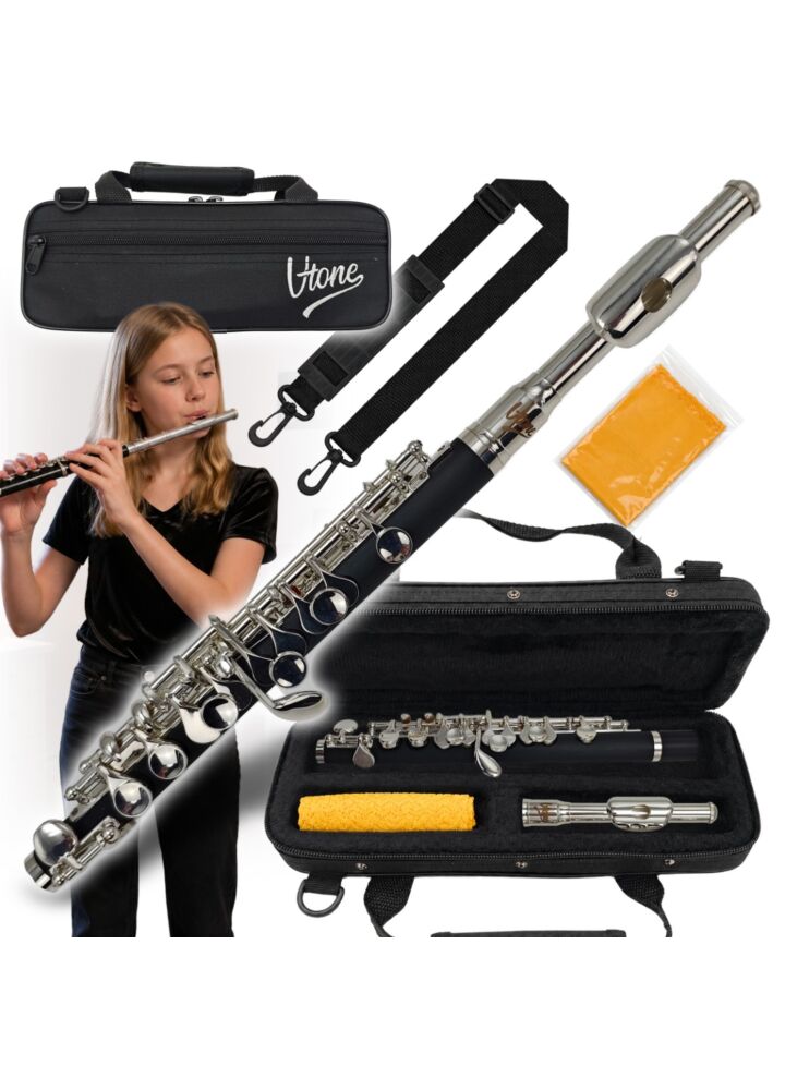V-TONE PICCOLO 1 flet poprzeczny piccolo pikolo pikulina 32 cm strój C czarno-srebrny do nauki gry futerał transportowy pasek na ramię śrubokręt serwisowy ściereczka smar zaślepka korpusu zestaw