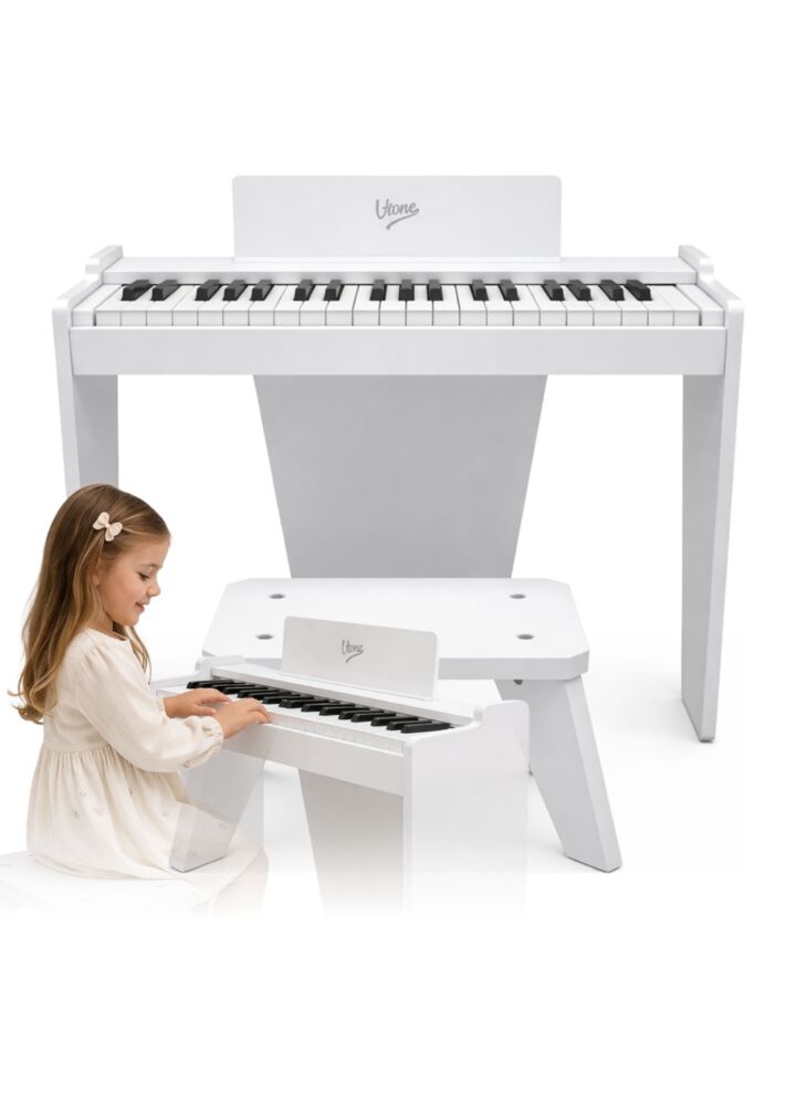 V-TONE PJR 50 WH elektroniczne pianino cyfrowe białe mini fortepian koncertowy dla dzieci stołek naklejki edukacyjne na klawisze wbudowany głośnik zestaw