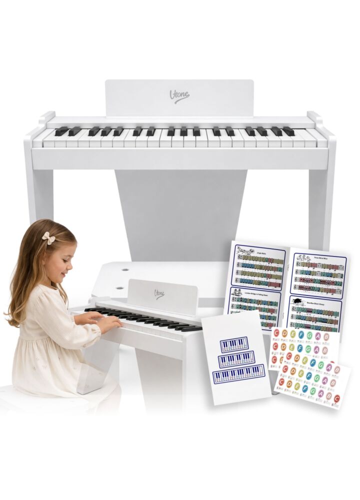 V-TONE PJR 50 WH elektroniczne pianino cyfrowe białe mini fortepian koncertowy dla dzieci stołek naklejki edukacyjne na klawisze wbudowany głośnik zestaw