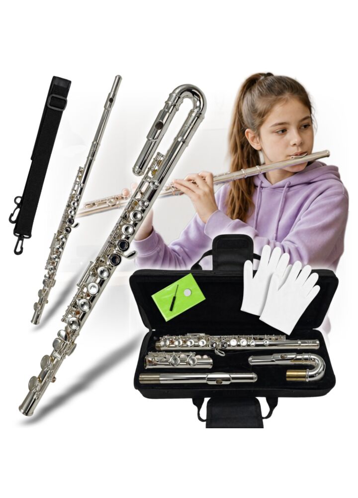 V-TONE SCF 16 flet poprzeczny z zakrzywioną główką srebrny tonacja C E-mechanika offset G wymienna główka prosta wycior ściereczka rękawiczki śrubokręt serwisowy torba transportowa pasek na ramię smar zestaw