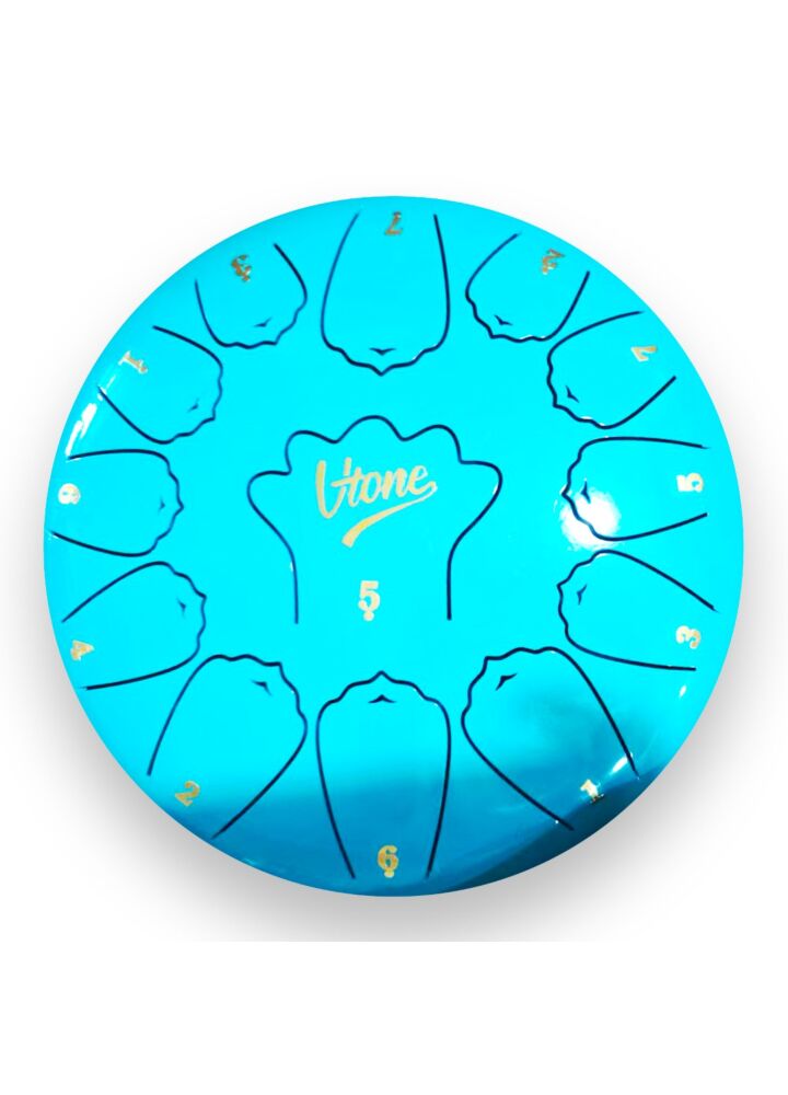 V-TONE VBJ 12-13 C stalowy bęben językowy tank drum hank drum cyjan 12 cali 13 tonów pałeczki perkusyjne pokrowiec z paskiem 4 nakładki na palce uchwyt na pałeczki naklejki lista melodii ściereczka zestaw