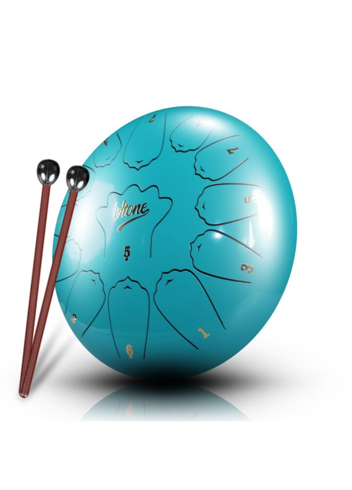 V-TONE VBJ 12-13 C stalowy bęben językowy tank drum hank drum cyjan 12 cali 13 tonów pałeczki perkusyjne pokrowiec z paskiem 4 nakładki na palce podstawka na pałeczki naklejki lista melodii ściereczka zestaw