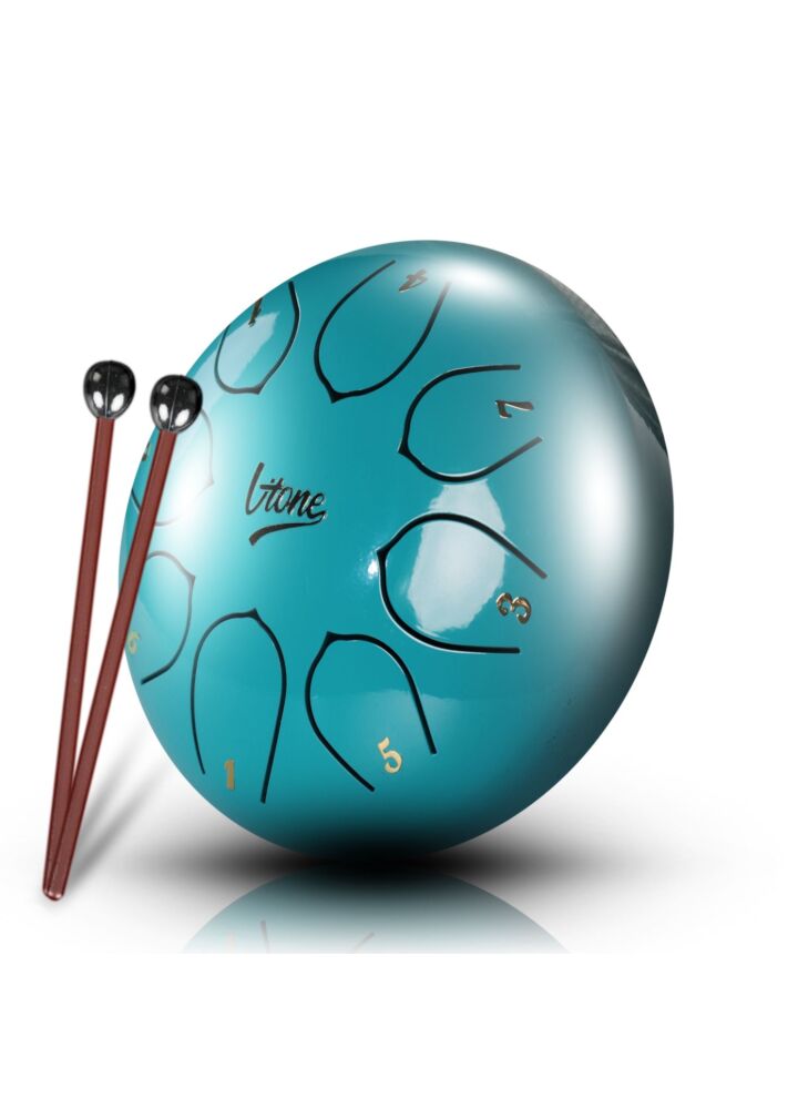 V-TONE VBJ 6-8 C stalowy bęben językowy tank drum hank drum cyjan 6 cali 8 tonów pałeczki perkusyjne etui 4 nakładki na palce podstawka na pałeczki naklejki lista melodii zestaw