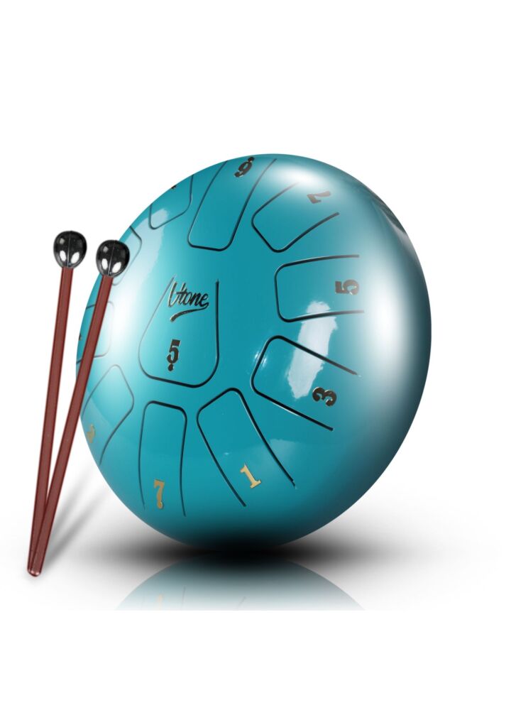 V-TONE VBJ 8-11 C stalowy bęben językowy tank drum hank drum cyjan 8 cali 11 tonów pałeczki perkusyjne pokrowiec z paskiem 4 nakładki na palce podstawka na pałeczki naklejki lista melodii ściereczka zestaw